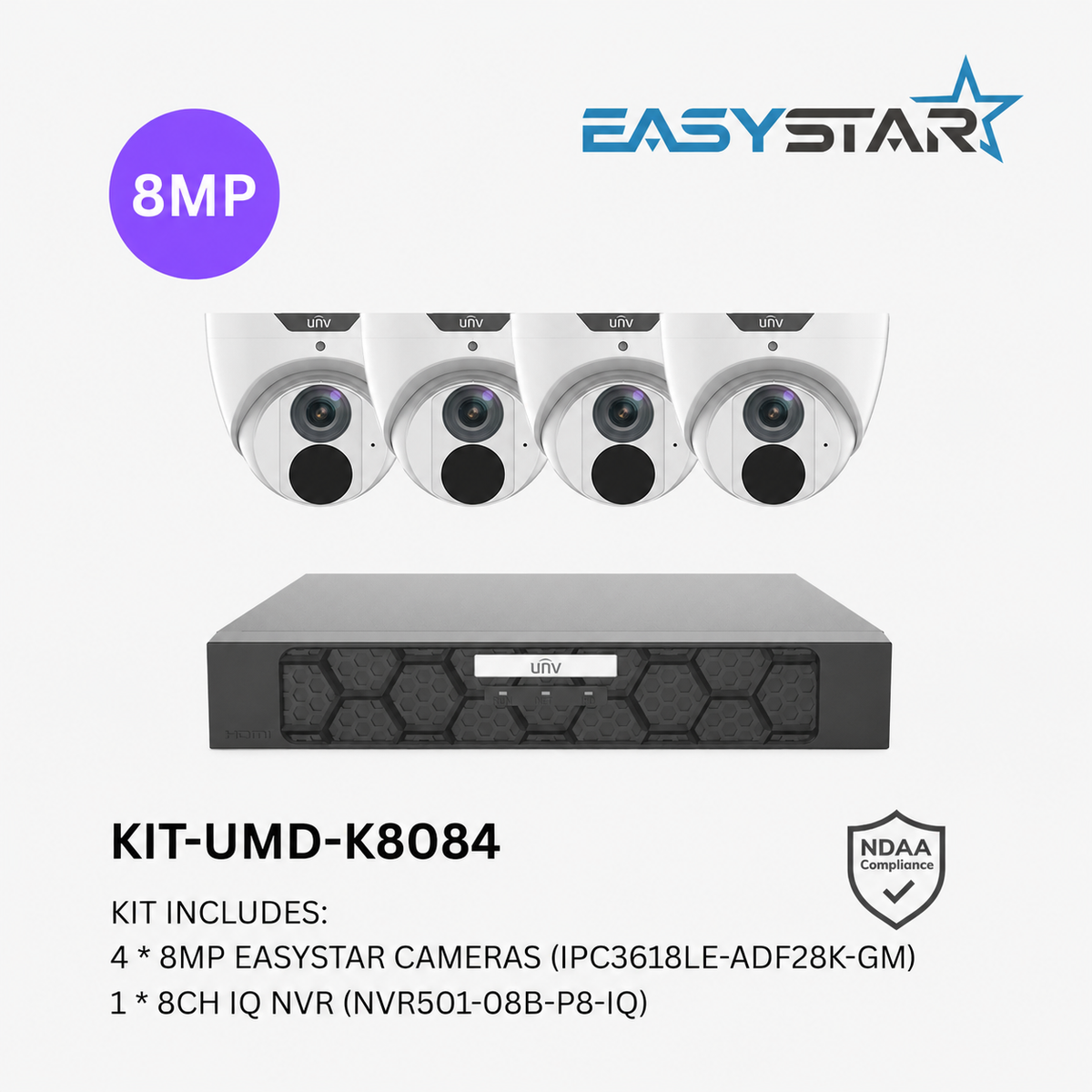 Uniview UNV 4 x 8MP Easystar AI CCTV Kit; 8CH NVR - NO HDD included