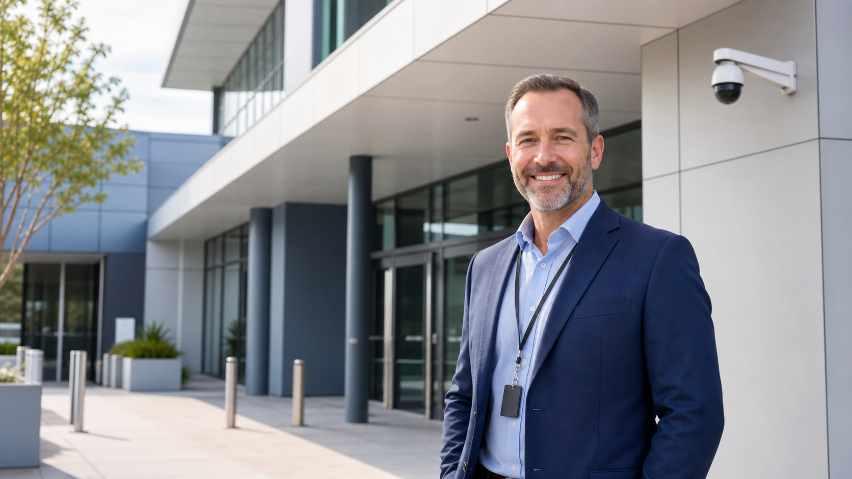 Smiling public sector facilities manager outside a modern civic building with CCTV