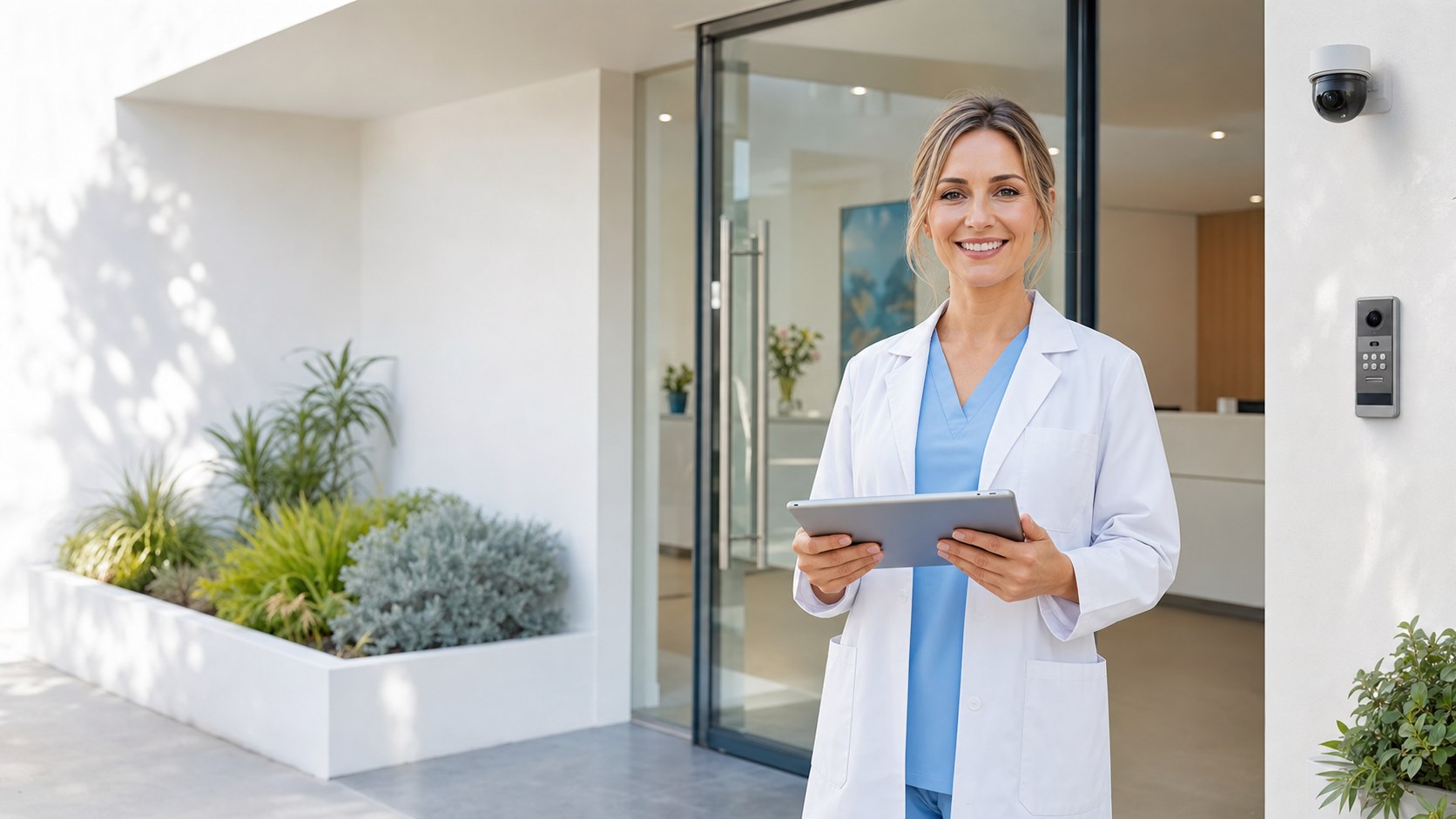 Smiling healthcare professional outside a modern clinic entry