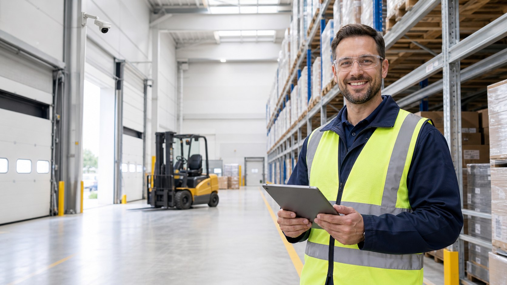 Smiling warehouse supervisor in hi-vis holding a tablet