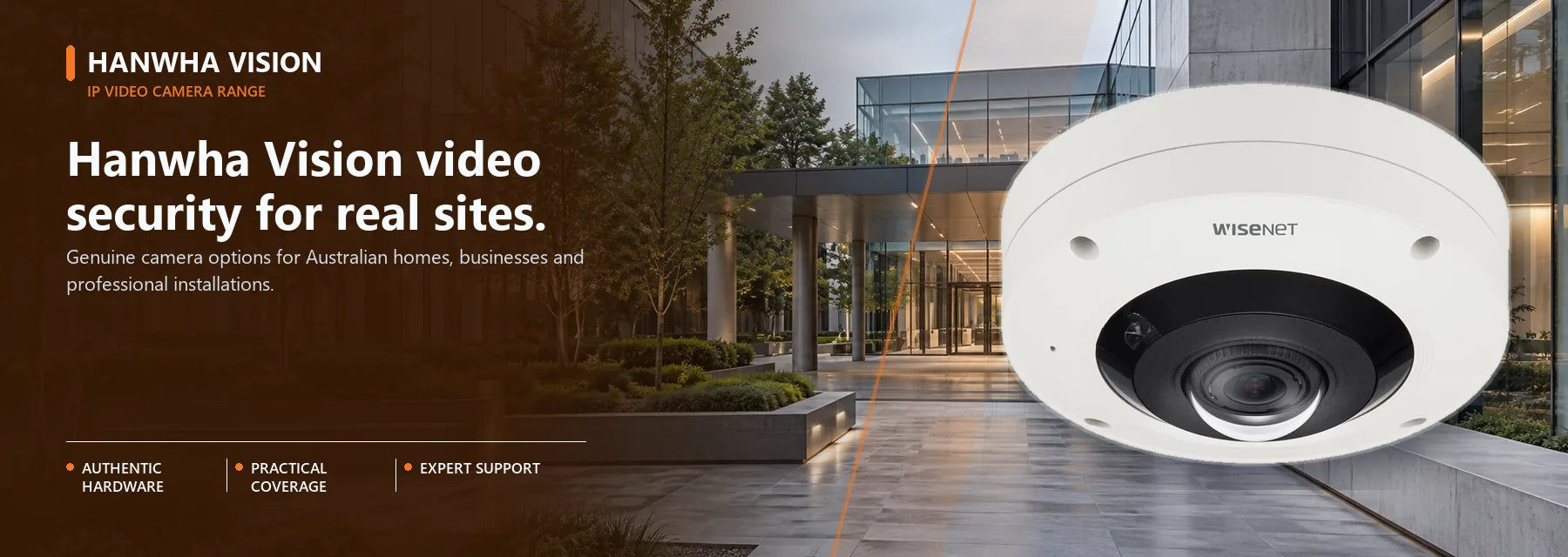 Hanwha Vision ip video camera range shown in a relevant Australian property setting.