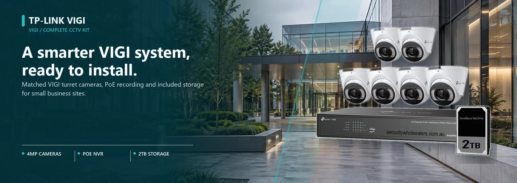 TP-Link VIGI turret cameras and PoE recorder shown as a complete CCTV kit.
