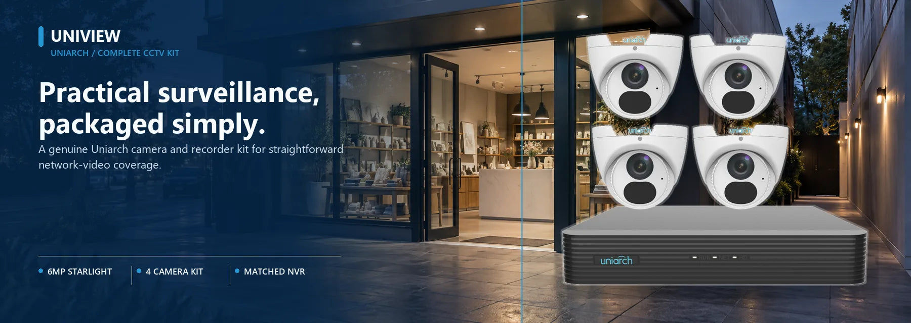 Uniarch by Uniview 6MP cameras and recorder shown as a complete CCTV kit.