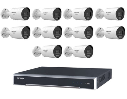 Hikvision 10 Camera 6MP ColorVu Security Kit with DS-7616NI-M2/16P 16CH 16 PoE 8K NVR, 10x DS-2CD2067G3-LI2UY/SL Fixed Mini Bullet Cameras, Dual Microphones, Active Strobe Light, No HDD Included