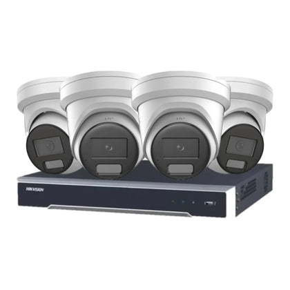 Hikvision 4 x 6MP Strobe Light, Two-way Audio, Alarm Cameras &amp; 4 Channel NVR CCTV Kit: 4 x ColorVu Turret Cameras + 4CH NVR Bundle