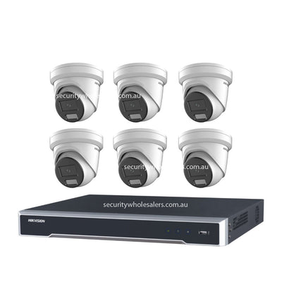 Hikvision 6MP 8CH CCTV Kit: 6 Outdoor Turret Cameras with Mic, AcuSense + 8CH PoE NVR with 4TB (DS-2CD2366G2H-IU, DS-7608NI-M2/8P)