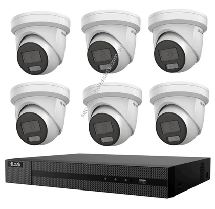 HiLook Hikvision 6MP AcuSense CCTV Kit - 6x Turret IPC-T361H-MU + 8CH PoE NVR 4TB / 2 x Wall
