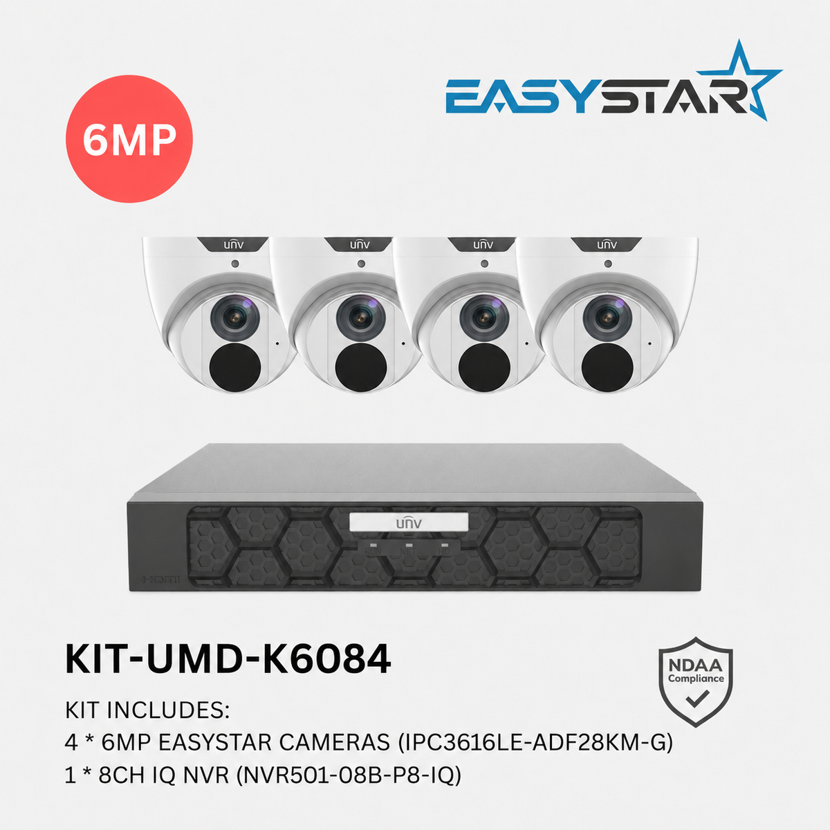 Uniview UNV 4 x 6MP Easystar AI CCTV Kit; 8CH NVR - NO HDD included
