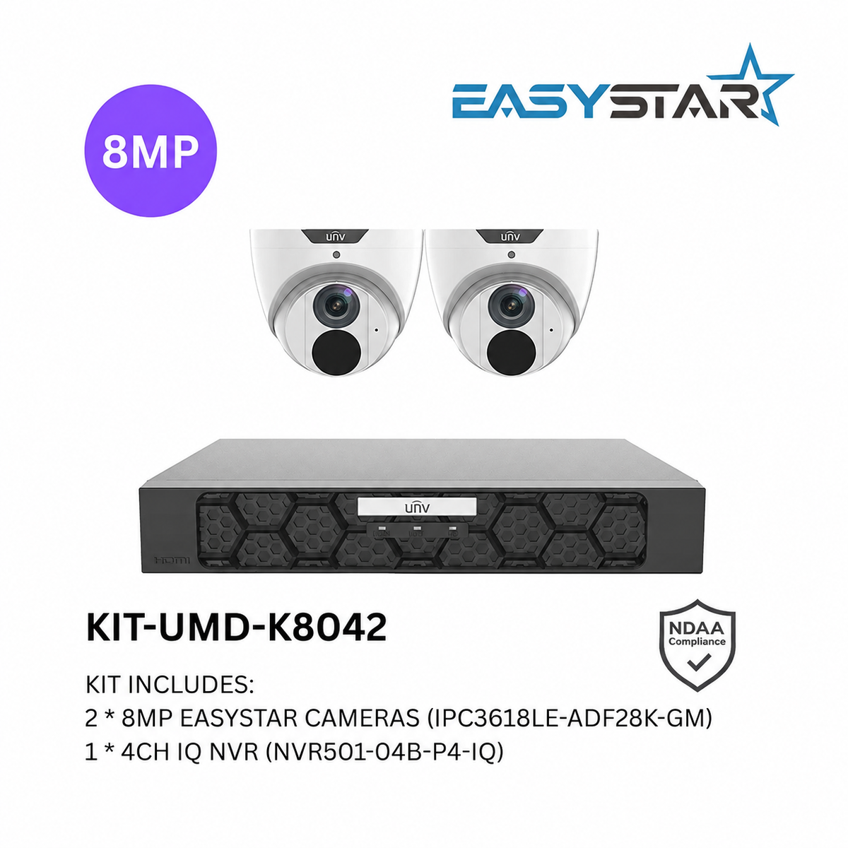 Uniview UNV 2 x 8MP Easystar AI CCTV Kit & 4CH NVR - NO HDD included