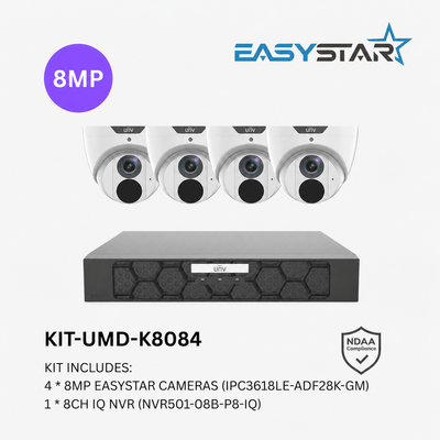 Uniview UNV 4 x 8MP Easystar AI CCTV Kit; 8CH NVR - NO HDD included