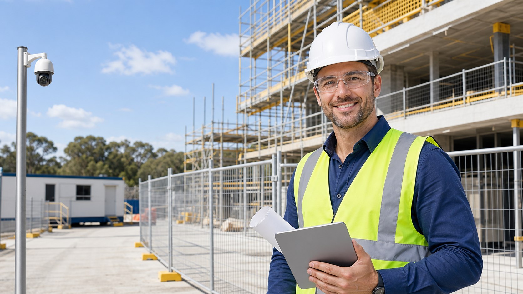 Smiling construction site manager in hard hat and hi-vis vest