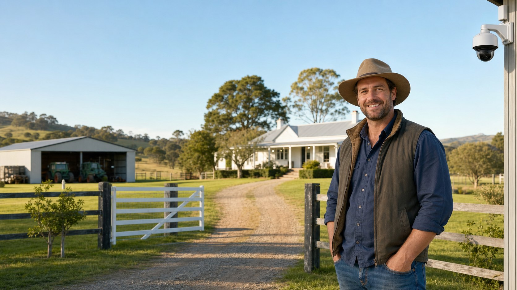 Smiling rural property owner at a farm gate with a security camera