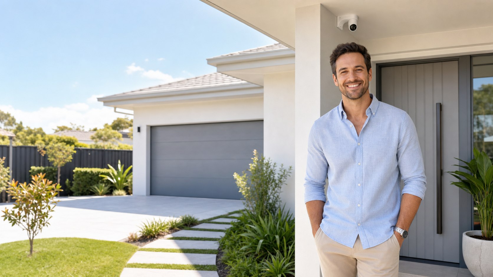 Smiling homeowner outside a modern home with a security camera