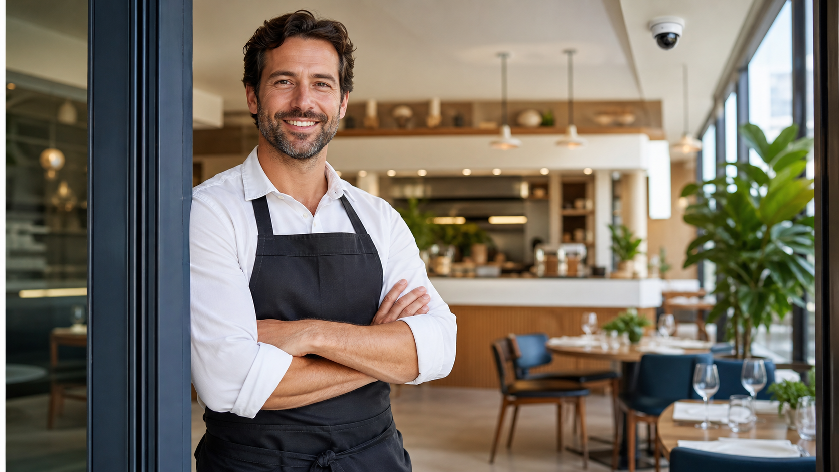 Smiling restaurant manager inside a modern hospitality venue with a security camera