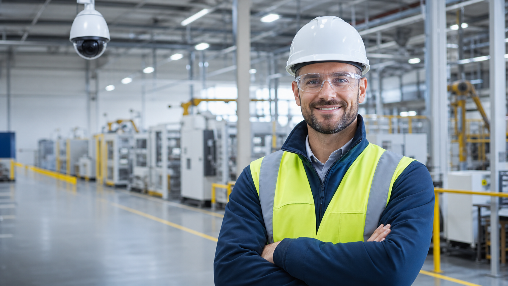 Smiling manufacturing supervisor in a hard hat inside a clean industrial facility