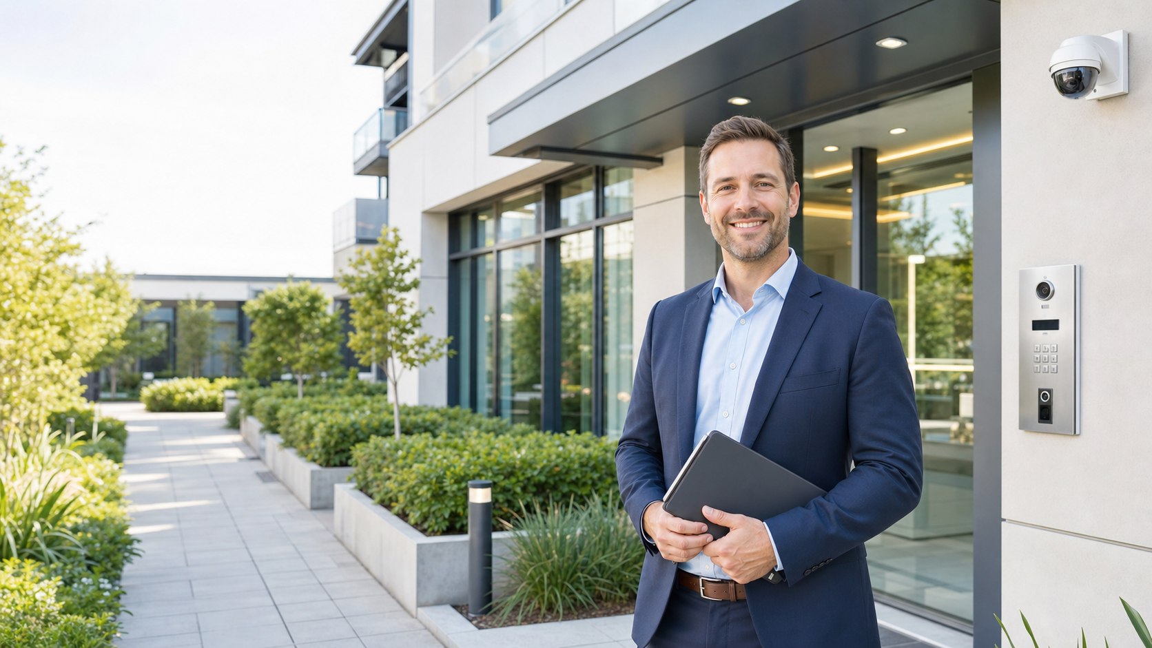 Smiling property manager outside a modern apartment entry