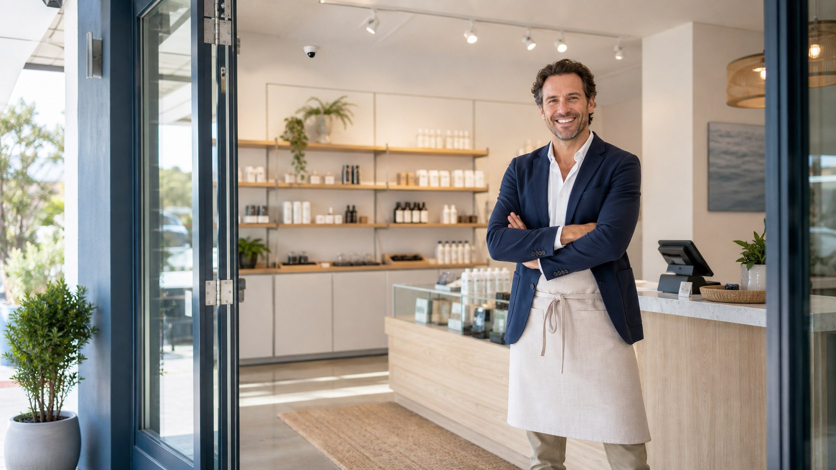 Smiling retail shop manager inside a bright shopfront
