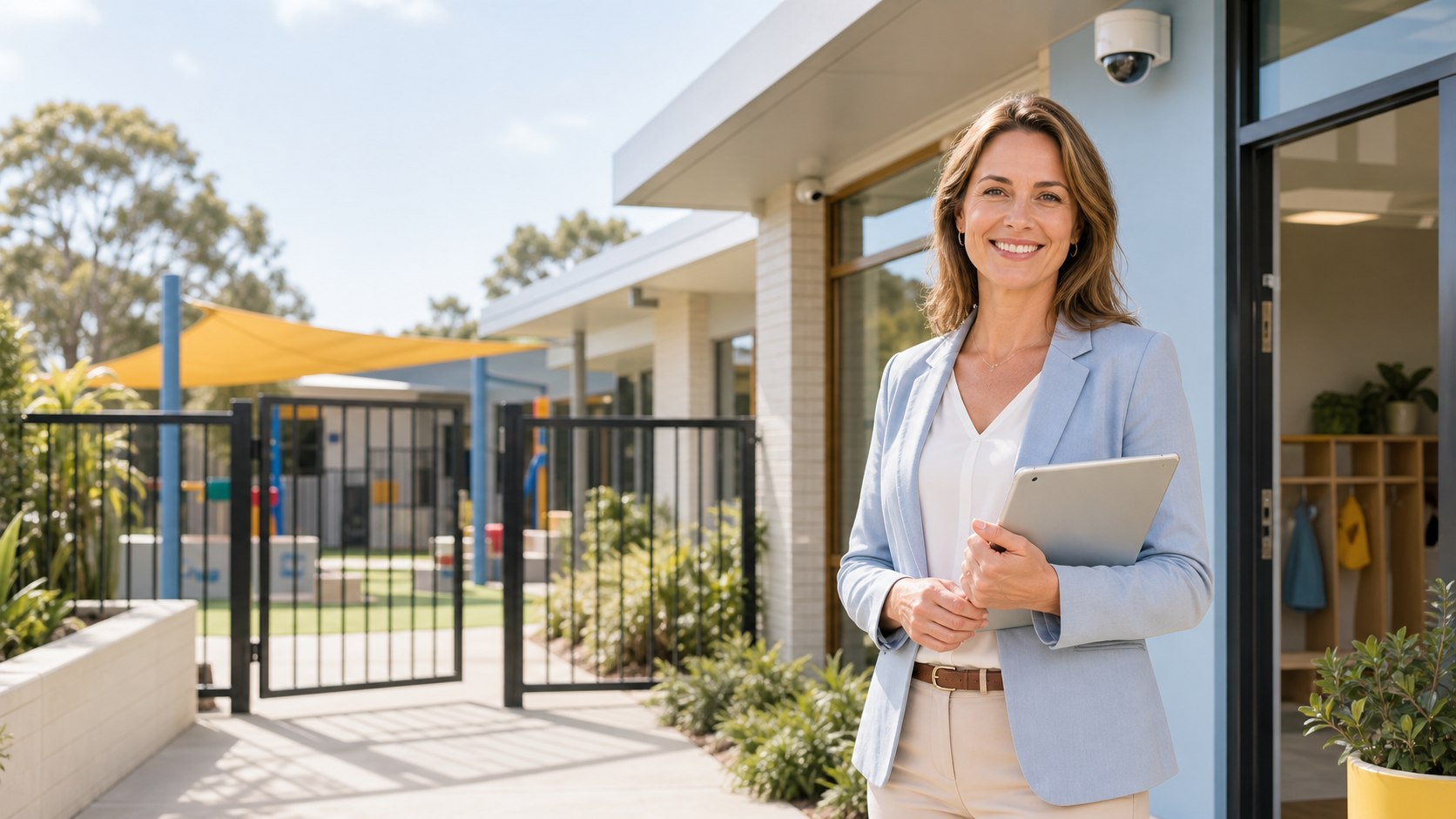 Smiling school administrator outside a secure childcare entry