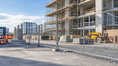 Construction site perimeter with temporary fencing and scaffold