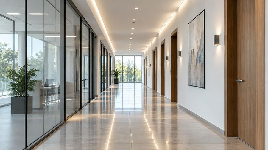Clean hallway and corridor environment with discreet security camera coverage