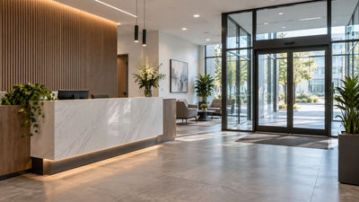 Modern reception lobby and controlled glass entry zone