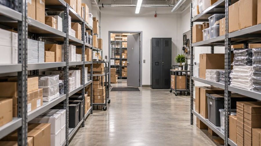 Stockroom and back-office storage area with security monitoring context