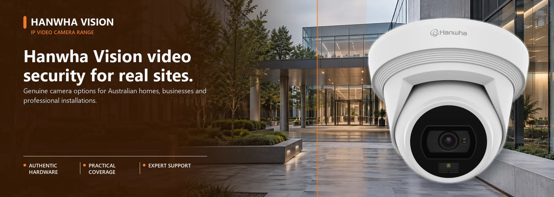 Hanwha Vision ip video camera range shown in a relevant Australian property setting.