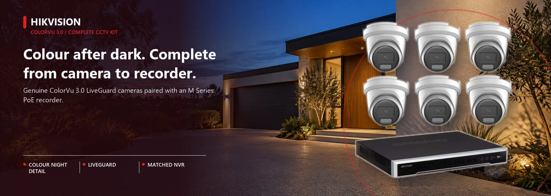 Hikvision ColorVu 3.0 cameras and M Series recorder shown as a complete CCTV kit.