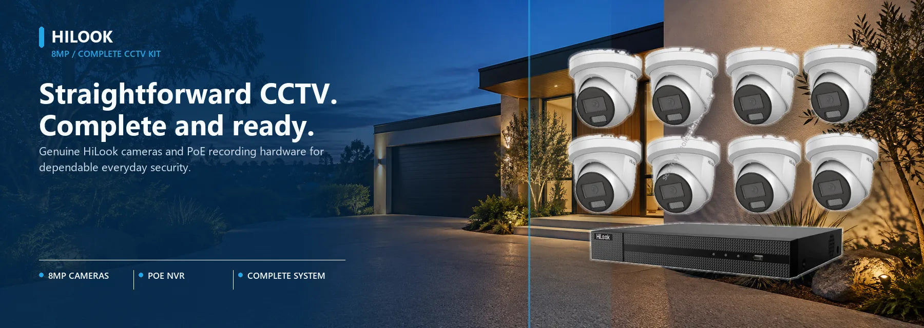 HiLook 8MP turret cameras and PoE recorder shown as a complete CCTV kit.