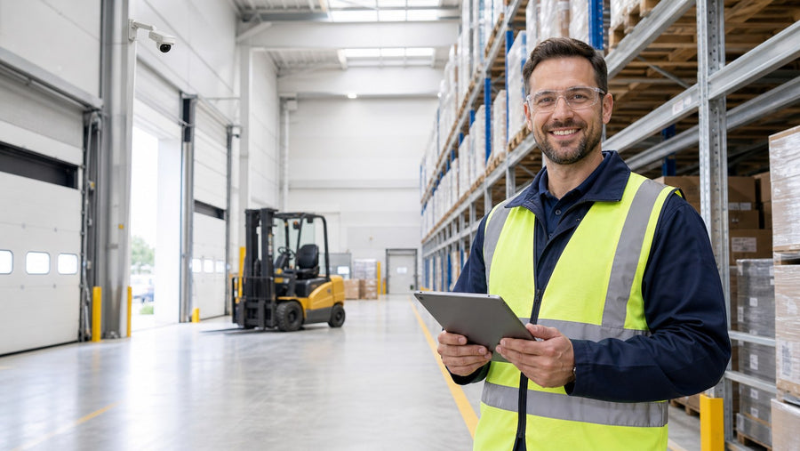 Warehouse and logistics floor with racking and loading activity